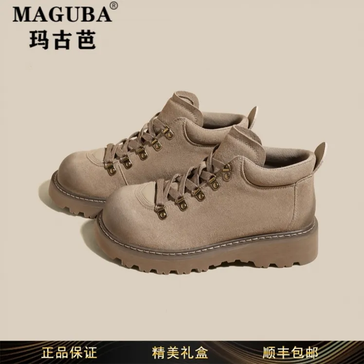 玛古芭女鞋百搭复古系带高跟马丁靴女新款秋冬厚底内增高圆头短靴
