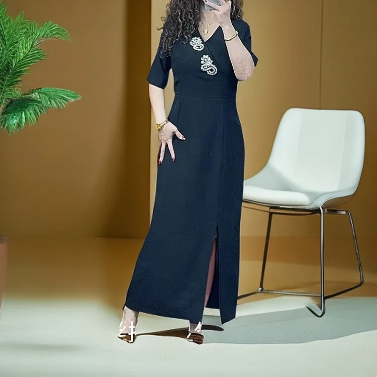 2025年新款时尚女装连衣裙显瘦气质夏季复古长款拼接修身裙子蕾丝