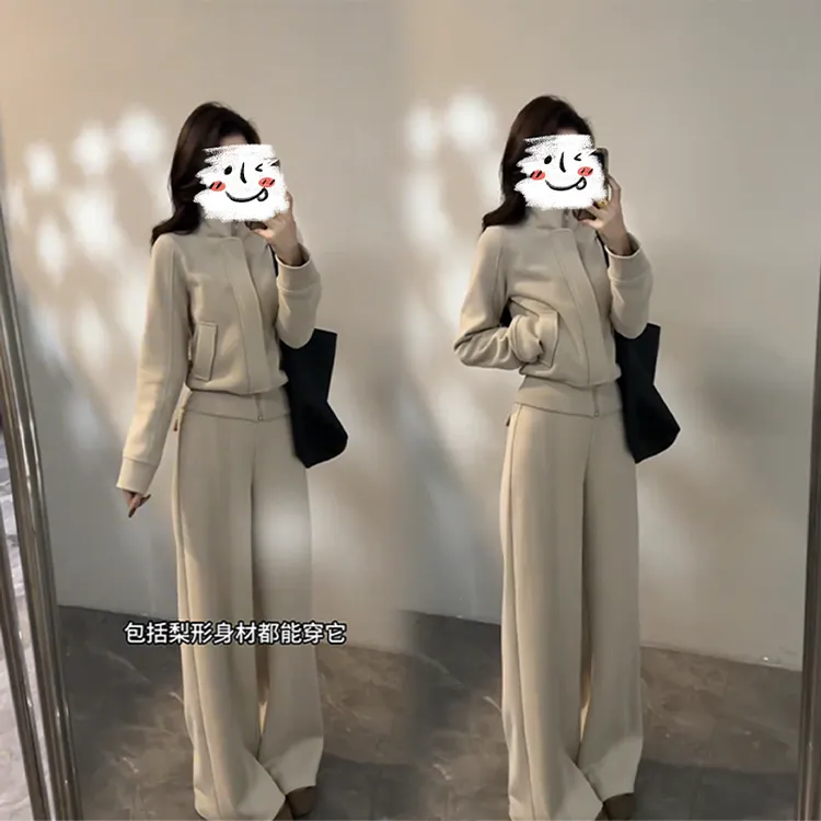 时尚套装女韩版冬季显瘦女装气质加厚加绒立领卫衣搭配直筒休闲裤
