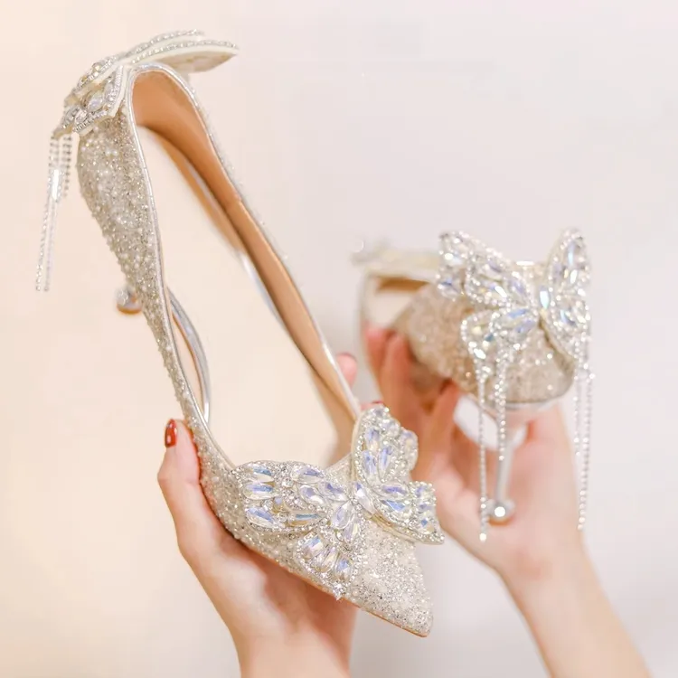 绝美蝴蝶婚鞋2025新款水晶新娘鞋18岁成人礼高跟鞋女细跟非办工作