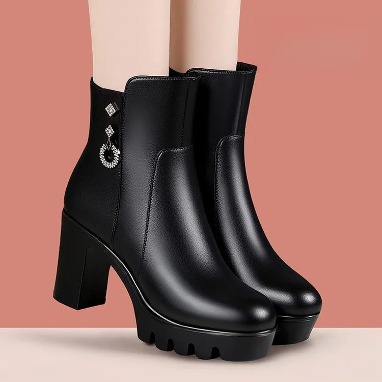 澳曼琳厚底马丁靴靴子女秋冬新款加绒保暖粗跟短靴软底舒适妈妈靴