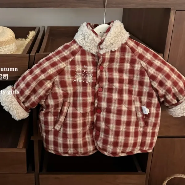 女童两面穿棉衣2025韩系女包包加厚保暖外套冬季新款格子立领棉衣