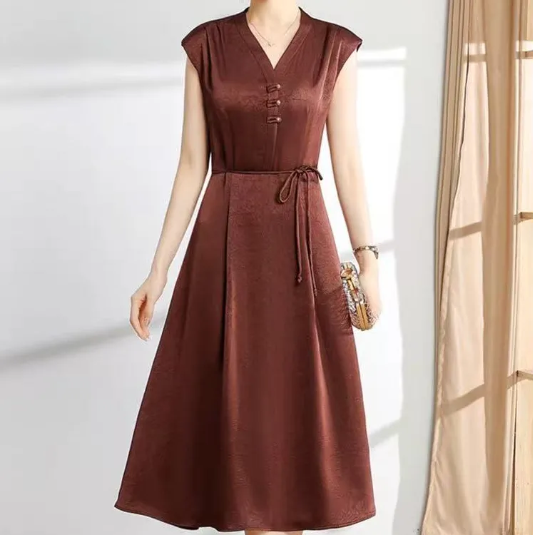 H2485复古长裙显瘦气质洋气夏季中长款无袖连衣裙L7