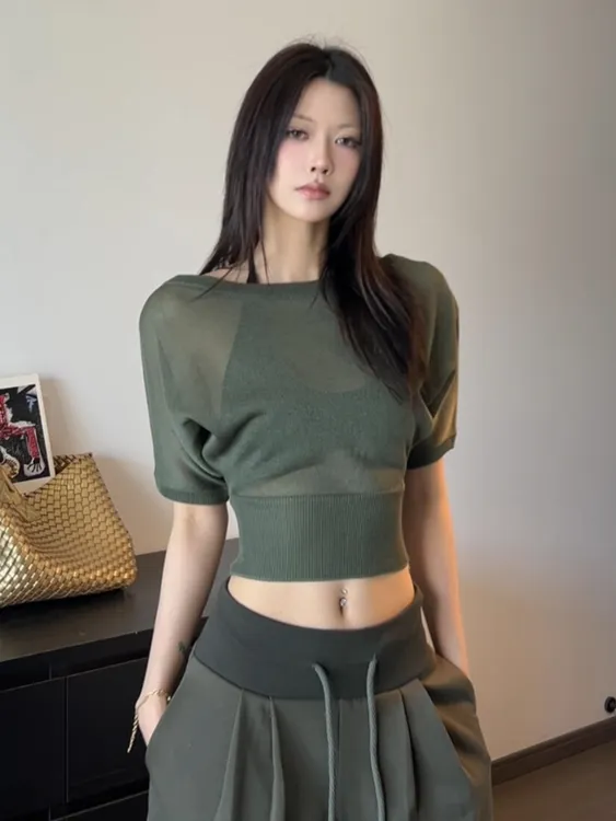 甜酷辣妹修身上衣套装女夏季低腰抽绳休闲裤宽松阔腿裤时尚两件套