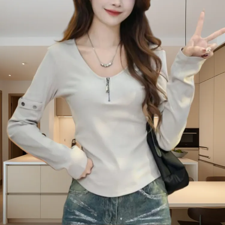 2025春季新款潮流小众显瘦纯色V领半拉链螺纹棉长袖打底衫上衣女
