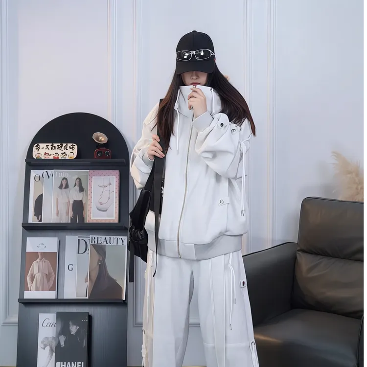 小众抽绳绑带设计感宽松连帽卫衣廓形重磅休闲个性阔腿裤男女套装