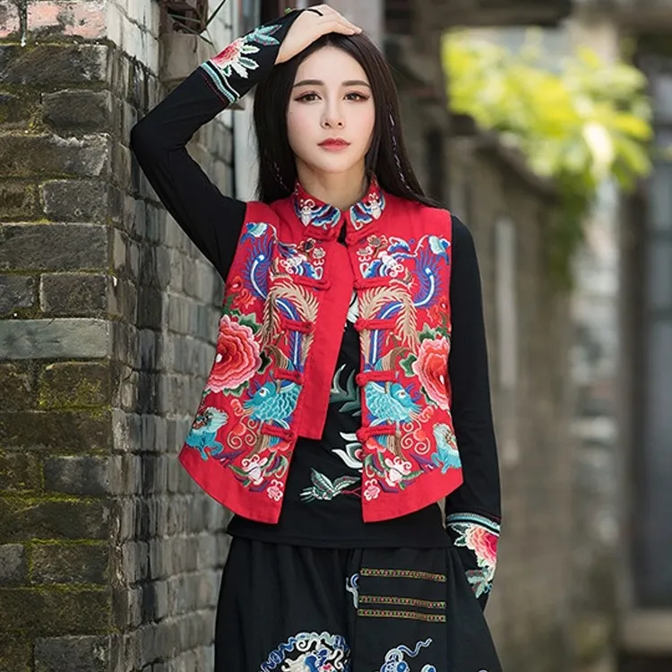 秋冬新中式时尚复古刺绣棉麻马甲女款外穿立领绣花修身民族风马夹
