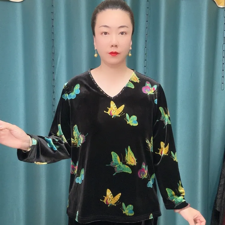 新款重工V领蝴蝶花色丝绒时尚宽松印花长袖妈妈装套装