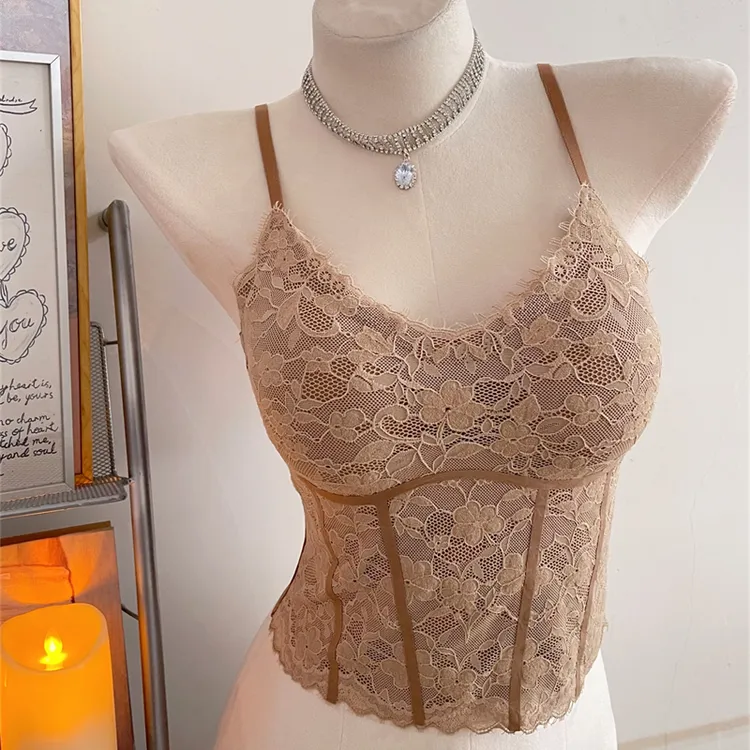 辣妹加厚长款内衣法式蕾丝V领吊带美背女士打底背心内衣自带胸垫