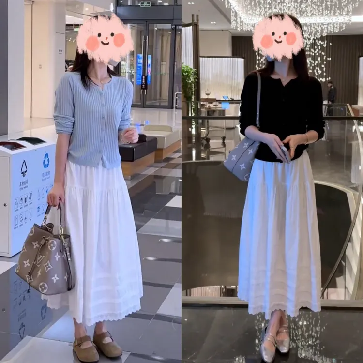春季新款韩系剪刀领设计感长袖针织开衫立体感花边拼接半身裙套装