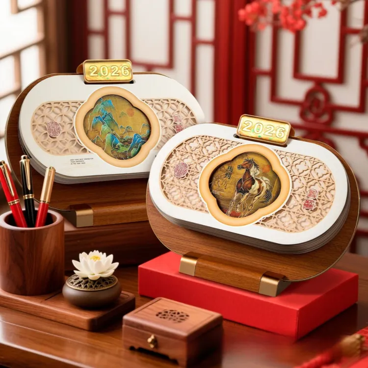 2026马年新款桌面装饰摆件中国风木质台历日历精美礼盒装桌面台历