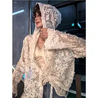 法式中长款蕾丝开衫薄款连帽外套女氛围感防晒宽松休闲上衣