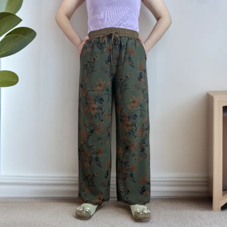 夏季冰丝超薄缎面印花休闲裤女士中老年女装垂感高腰阔腿长裤洋气