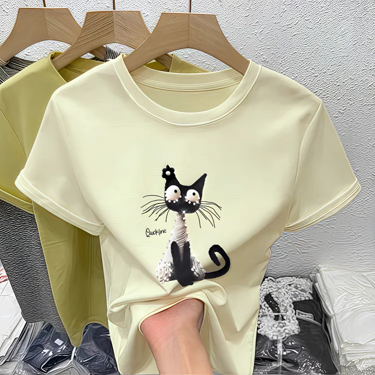 法式时尚设计感钉珠圆领短袖正肩t恤女夏季独特别致宽松显瘦上衣