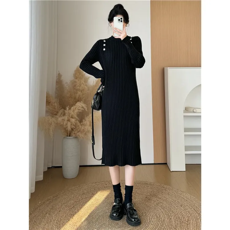 高级感配大衣内搭针织连衣裙女秋冬小个子中长款修身显瘦打底裙子