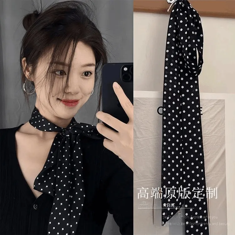 丝巾长条高级感女韩系复古黑色波点轻奢系脖发带百搭新款领巾飘带