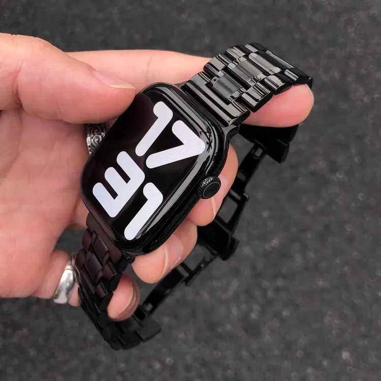 卡客风暴 新三珠适用苹果iwatch手表表带s10不锈钢电镀9876蝴蝶扣