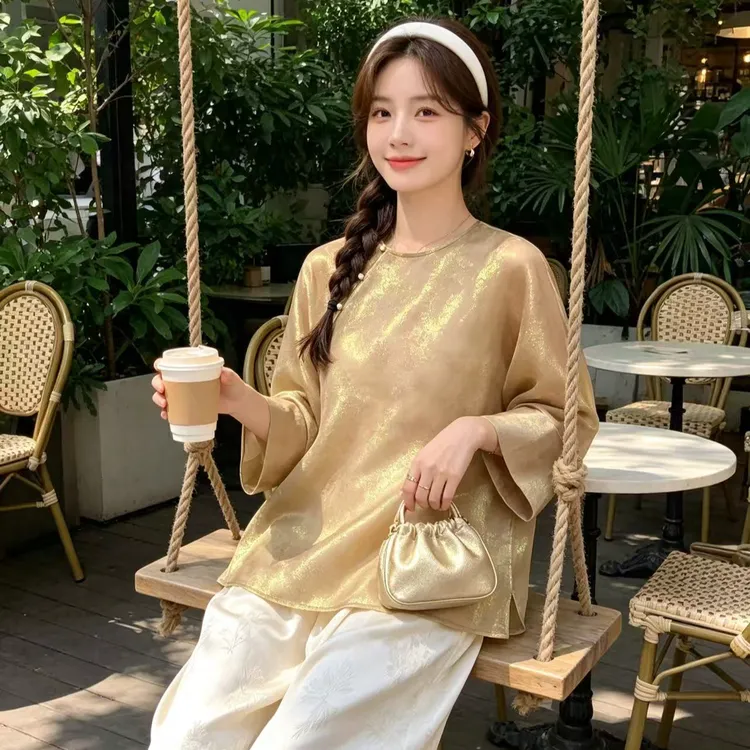 琉璃锦~樱美嘉桑蚕丝真丝螺钿新中式斜襟女微透国风汉服衬衫Q051
