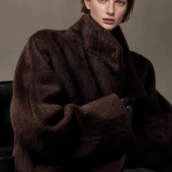 臻一-奢品系列秘鲁苏力羊驼毛大衣女立领中长款外套PI24A0010