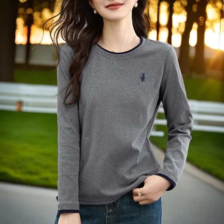 90支新疆长绒棉圆领正肩长袖T2025秋季新品时尚洋气妈妈装百搭潮