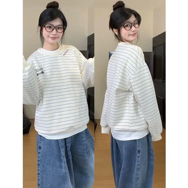 韩系刺绣腊肠小狗条纹长袖卫衣女秋冬季无帽圆领学生减龄上衣ins