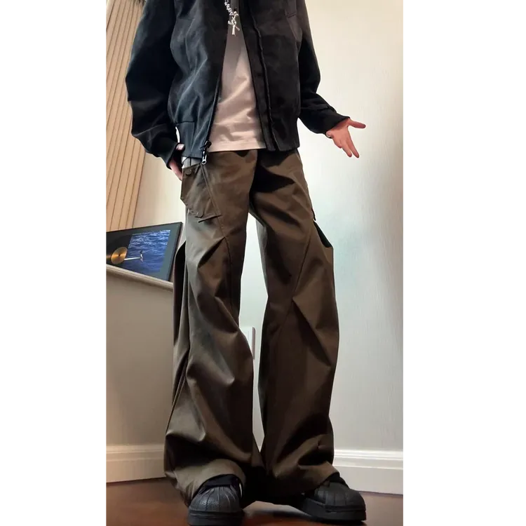 大理石按迷彩纹理裤子男秋季新款直筒宽松褶皱机能风工装裤潮牌