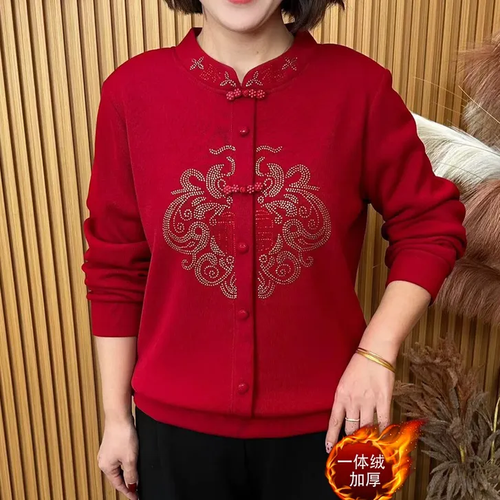 2024秋冬套头加绒烫钻中式风显瘦百搭洋气妈妈装长袖上衣 A9690