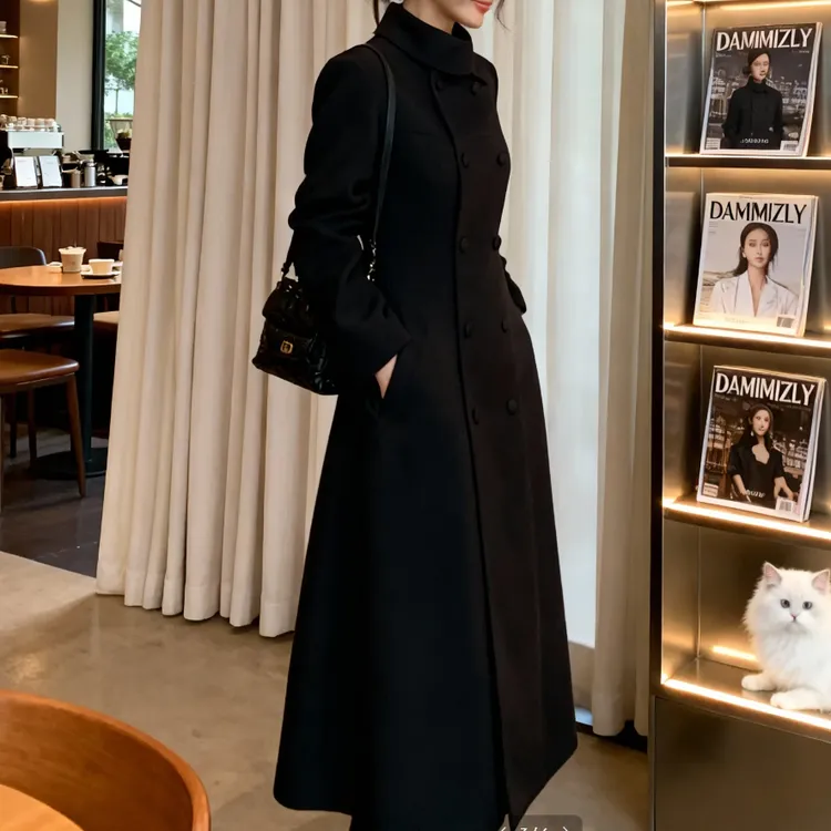 黑色双排扣毛呢外套女秋冬季2025新款高级感韩系长款过膝呢子大衣