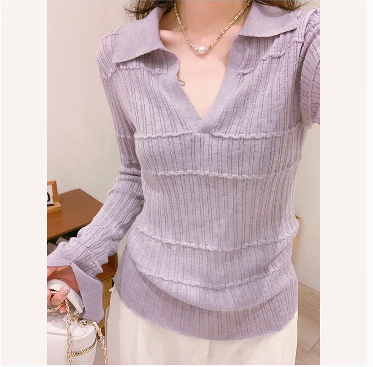 「高质」紫色polo领针织衫女秋季修身显瘦V领内搭打底衫高级感上衣