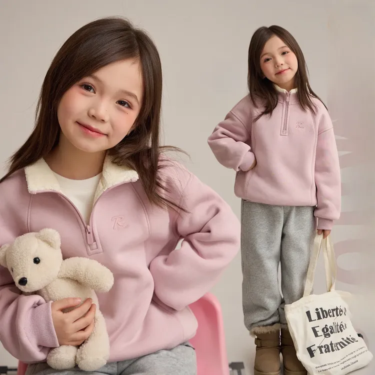 女童加厚加绒卫衣2025新款秋冬款双面绒连帽一体绒羊羔绒校服神器