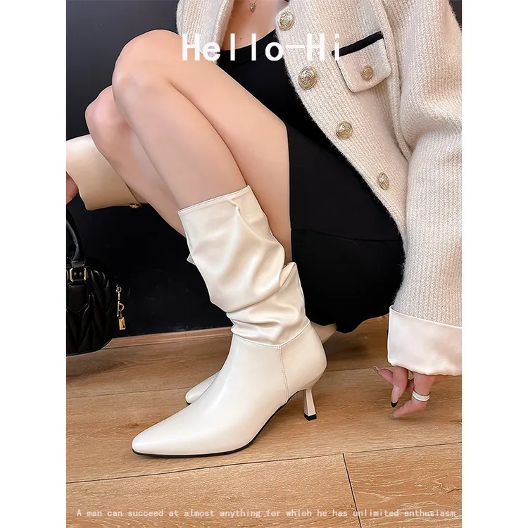 羊皮版~高跟靴温柔高级感尖头短靴女气质细跟白色中筒褶皱堆堆靴