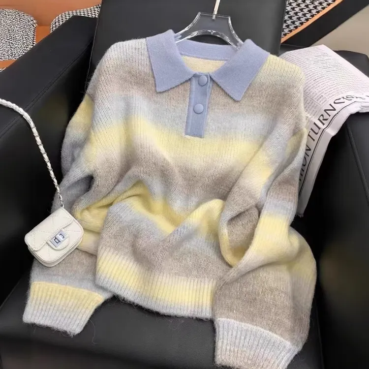 法式小香风彩色渐变polo领针织衫女2025秋冬新款软糯高级感上衣潮