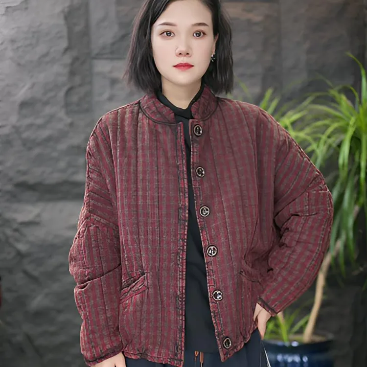 FF加厚保暖时尚圆领冬季立领棉衣格子棉服常规插肩袖