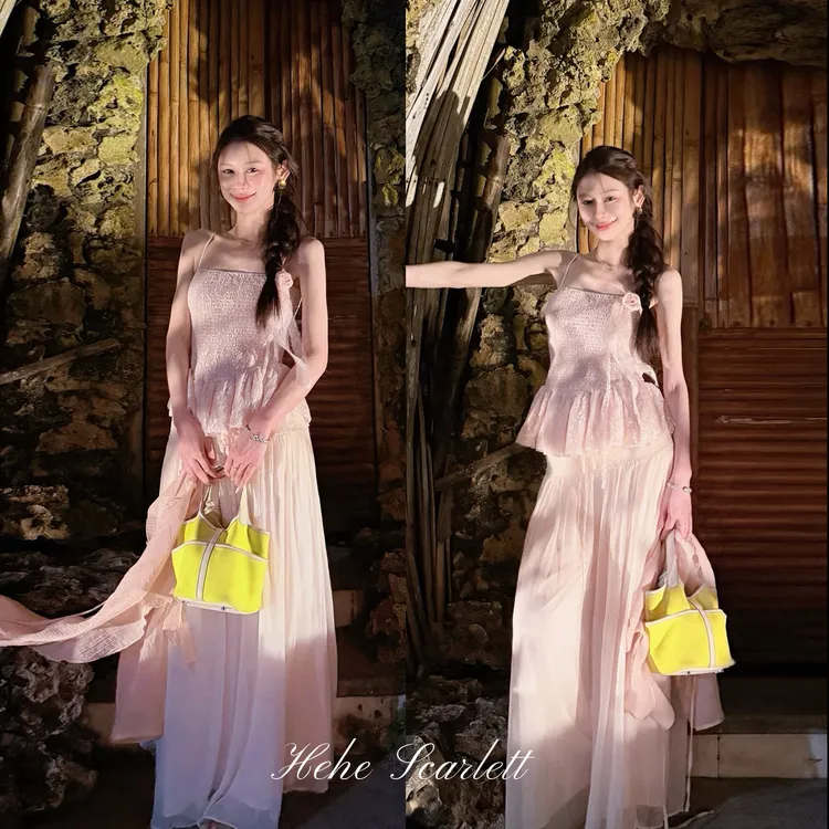 你的呵呵scarlett|半岛玫瑰|韩系甜美蕾丝褶皱吊带 夏季飘带上衣
