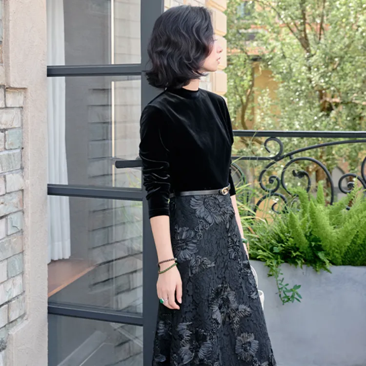 西子/【花园秘境】进口丝绒拼接立体丝带刺绣黑色连衣裙/CQHY067