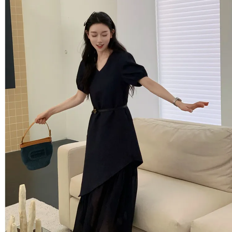 OUDOCKEE 鸥鸥 【玛丽珍】拼接圆领腰带收腰显瘦 L2503X476T