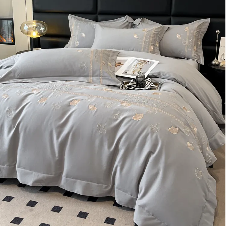 富安娜轻奢A类母婴级200支纯棉四件套全棉简约被套高级感床上用品