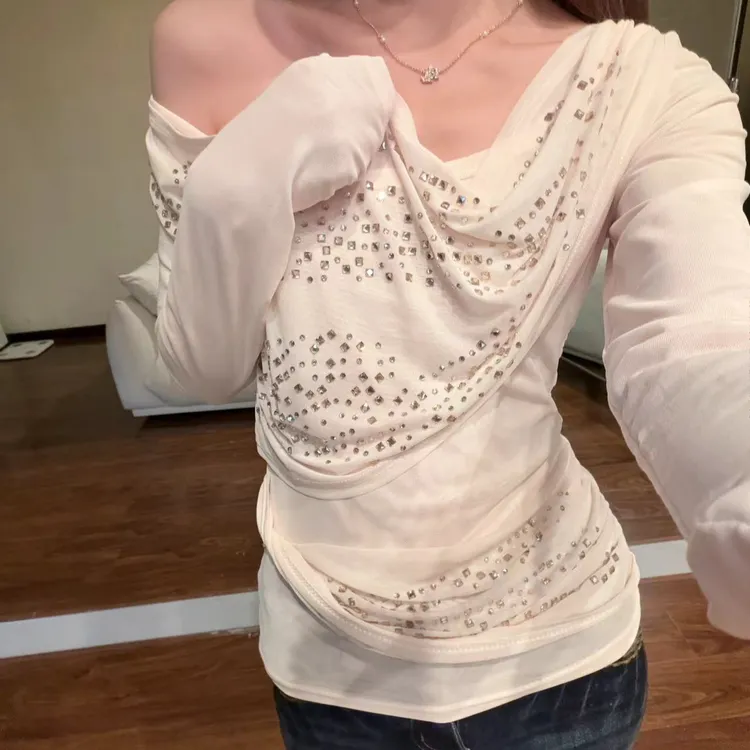 【双层闪钻网纱】首单后天到货一字肩斜肩正常领长袖上衣女7091