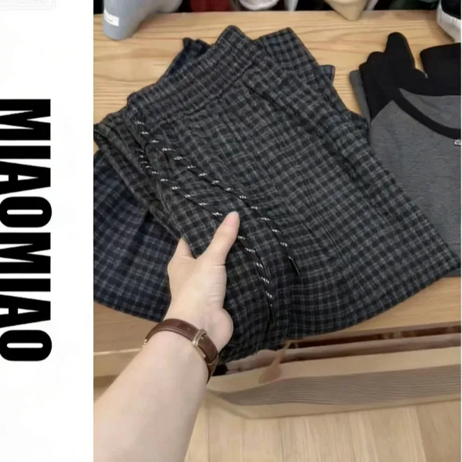 苗苗家巨好穿！韩系复古经典格子毛呢显瘦直筒裤