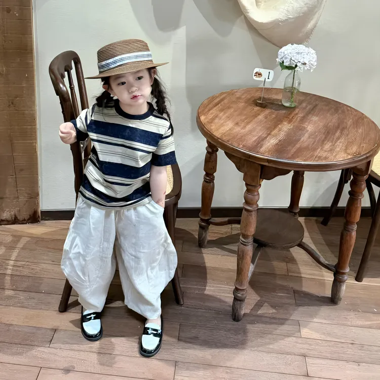 【现货】壹妈童装儿童时髦套装夏季新款洋气女宝休闲条纹短袖阔腿裤