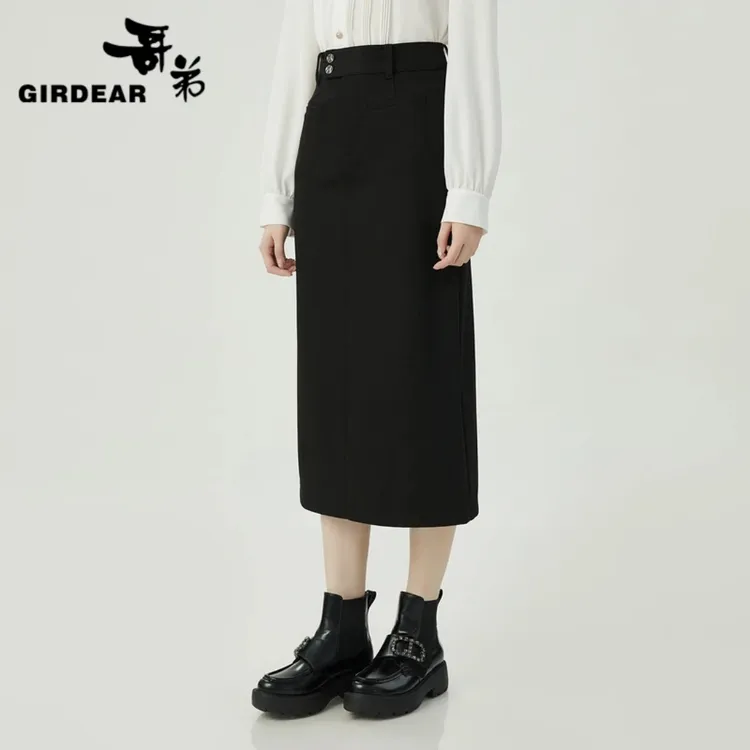GIRDEAR/哥弟秋冬新款显瘦包臀裙开叉设计感半身裙植绒款1200369