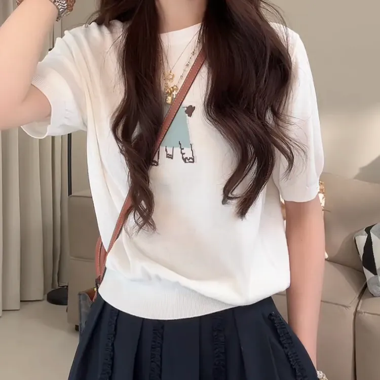 “小象”提花工艺休闲圆领针织衫夏季百搭短袖上衣C5230