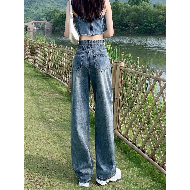 高腰阔腿牛仔裤子女2025年秋冬女士爆款宽松加绒小个子直筒长裤子