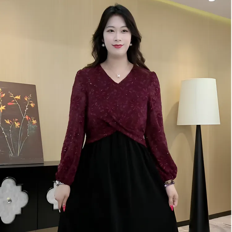 2025年秋季大码新款红色碎钻花裙遮肉显瘦气质连衣裙ZB6560