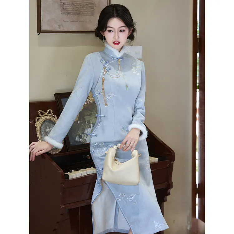 新中式蓝色麂皮绒长袖改良旗袍女2025冬季新款加绒加厚少女连衣裙