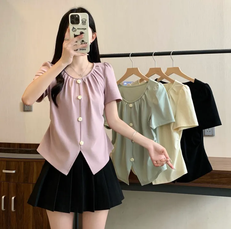 夏季新款胖mm大码女正肩圆领时尚减龄不规则下摆短袖上衣22511