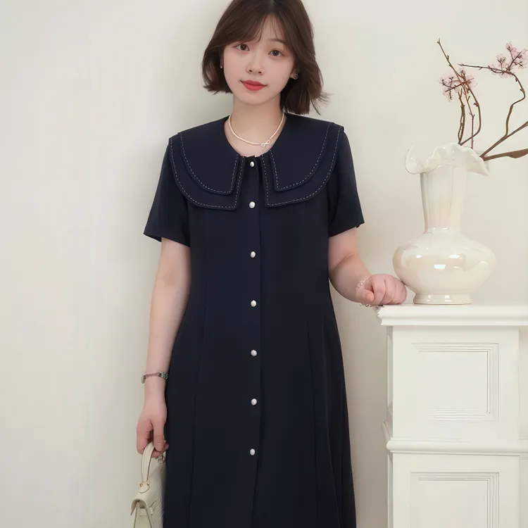 法式好看娃娃领连衣裙女2025夏季大码胖MM气质显瘦漂亮独特长裙子