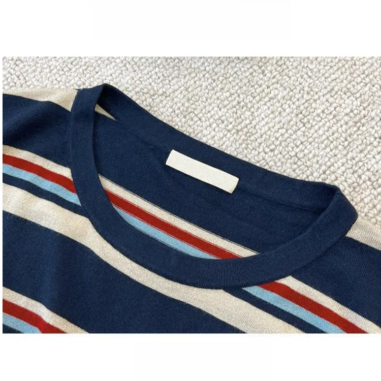 三色堇针织衫 真丝羊绒混纺|条纹宽松圆领长袖上衣秋冬