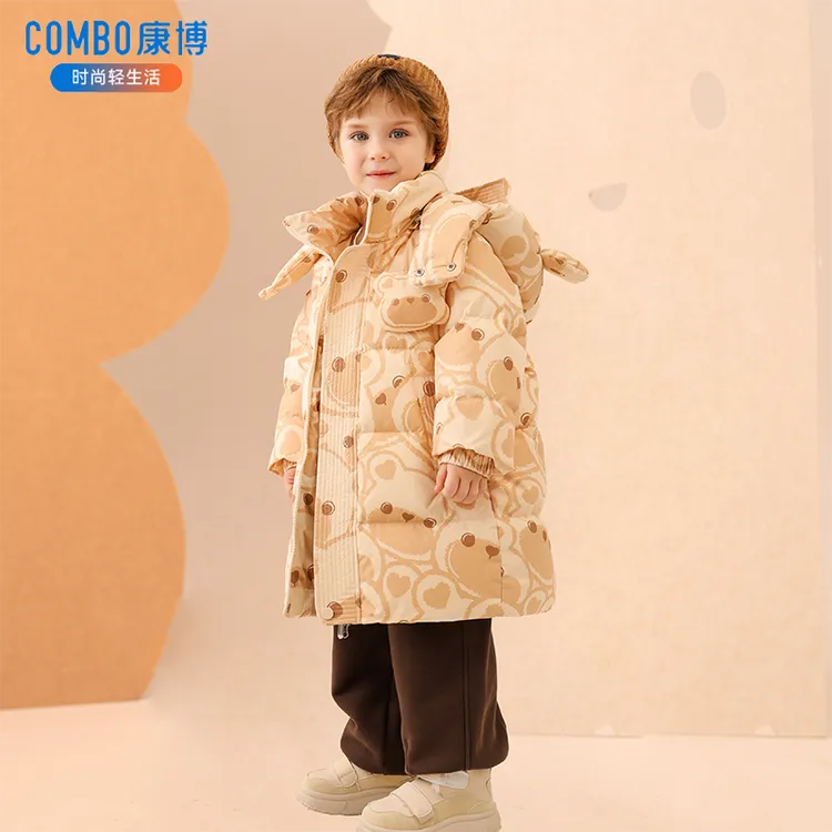 combo/康博2025新款冬季连帽小熊猫加厚时尚中长款男女同款羽绒服