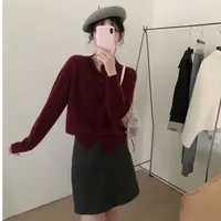 【酒红色】法式小香风针织开衫女毛衣外套气质时尚宽松上衣